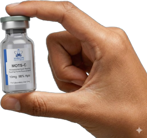 Hand holding MOTS-C research vial